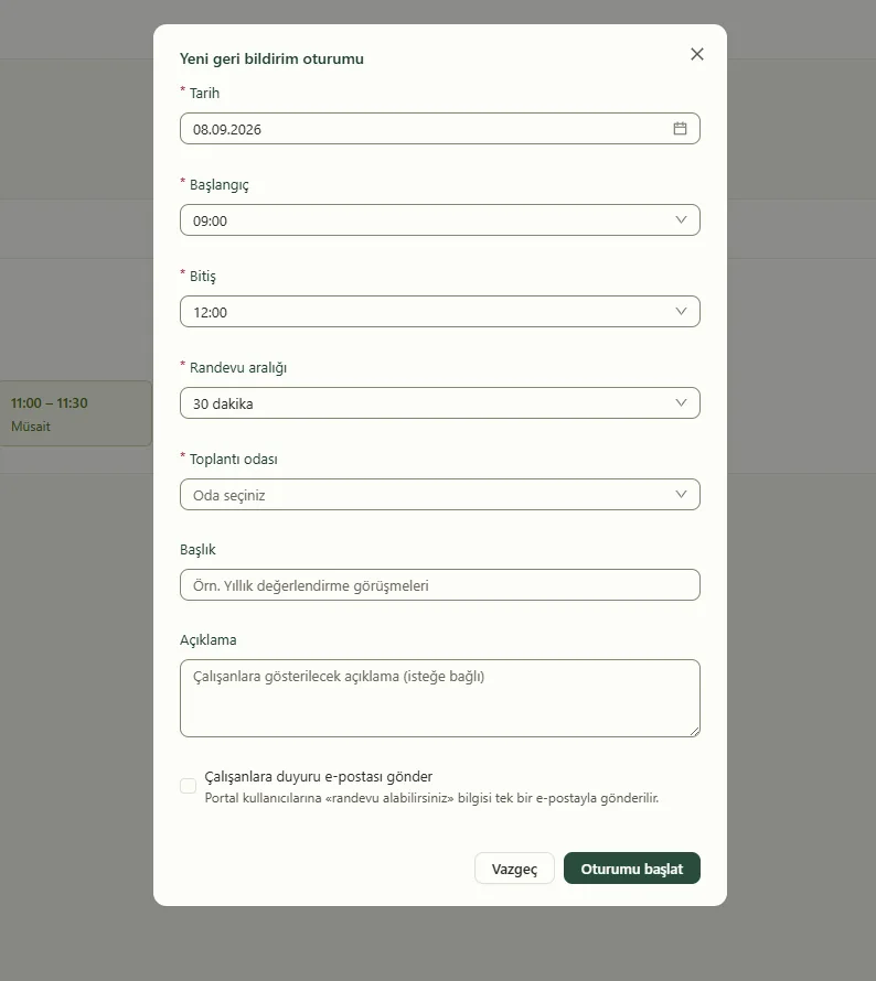 Yeni geri bildirim oturumu: tarih, randevu aralığı ve oda seçimiyle İK oturumu planlama